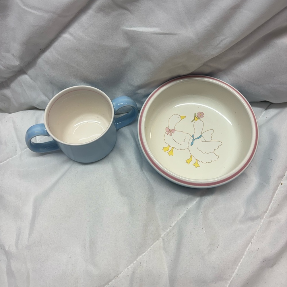 Vintage Mikasa Childs Ceramic Dinnerware Set Feathered Friends Cup & bowl